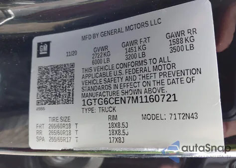 2021 GMC Canyon 4Wd Short Box Elevation z USA, uszkodzony, nr VIN 1GTG6CEN7M1160721